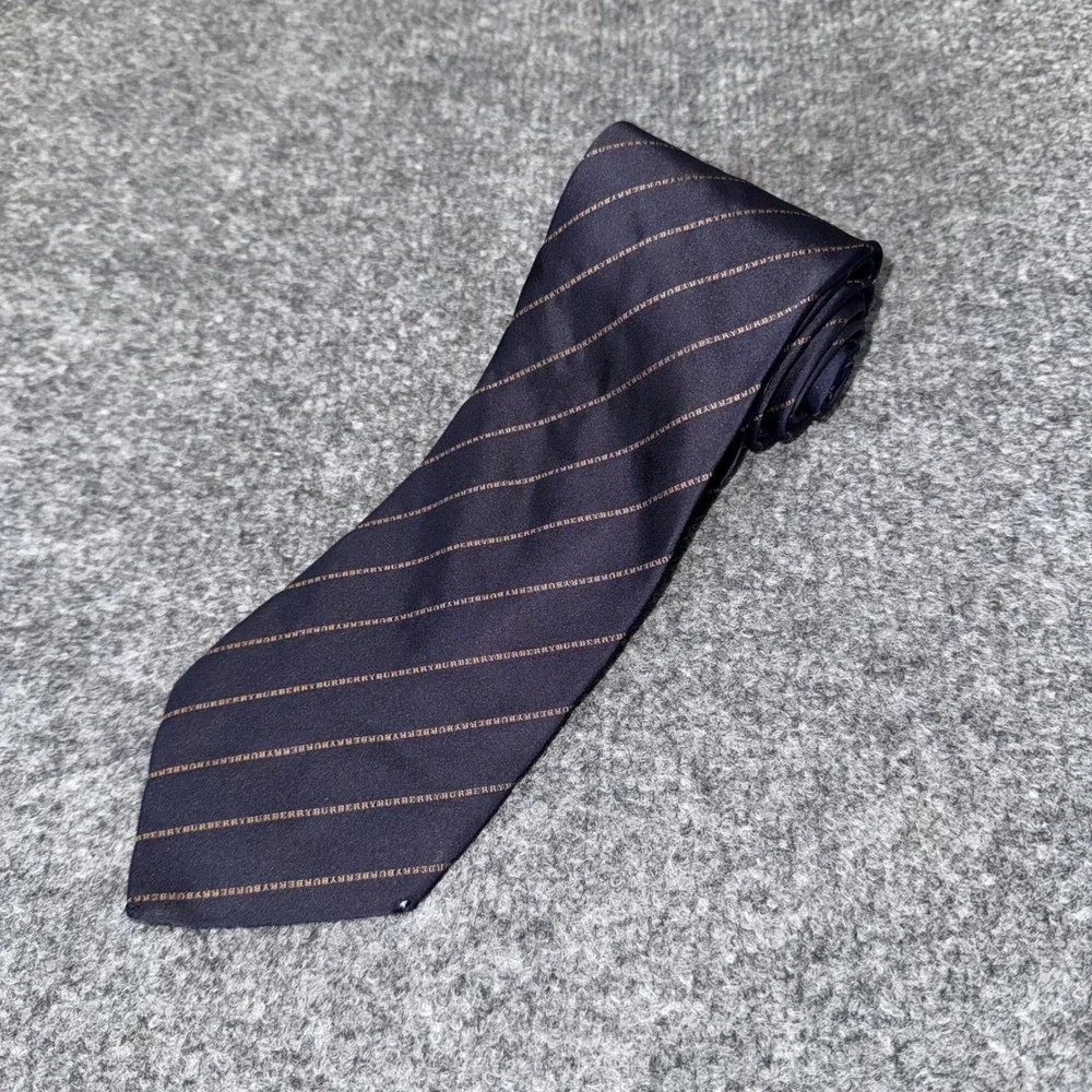 Burberry London Mens Navy Blue Silk Logo Script Diagonal Stripe Necktie Italy